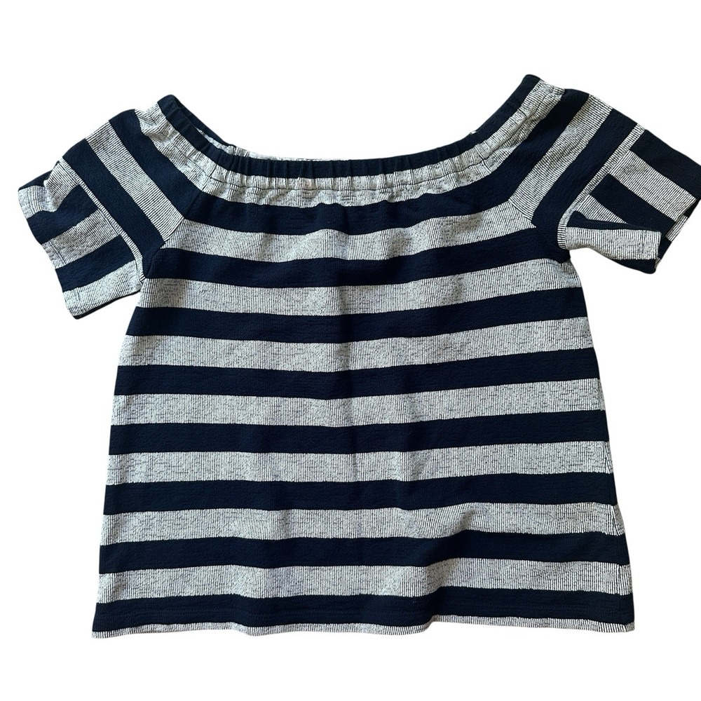 Madewell Off The Shoulder Shirt Women Medium‎ Navy Blue Stripe Short Sleeve